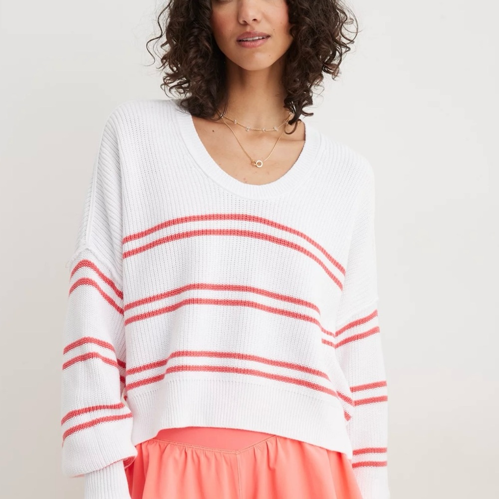 Aerie White and Pink Striped Crew Neck Sweater